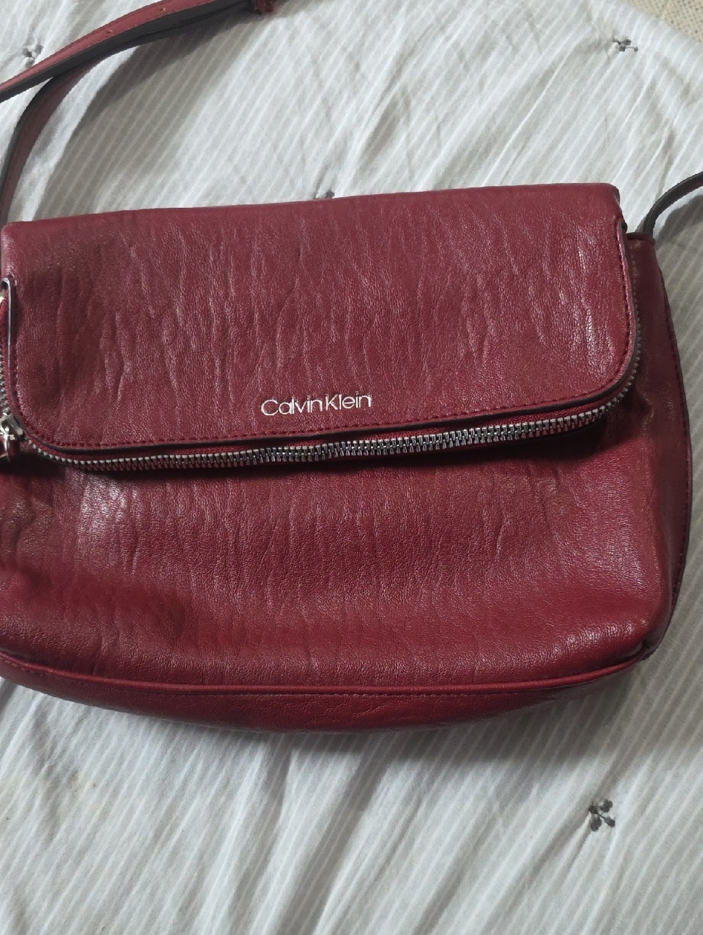 Calvin Klein Burgundy Leather Crossbody Bag with Front Zip Size Approx 11 X 8